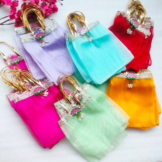 Set of 6 Tissue Fabric Bags with Lotus Embellishment & Golden Handles -Reusable & Eco Friendly Return Gift Bags