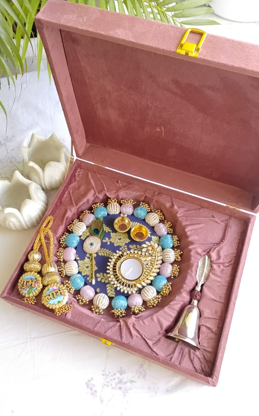 Combo in Gift Box - Haldi Kumkum Platter with Diya, Bell & Shubh Labh - Wedding/Housewarming Gift