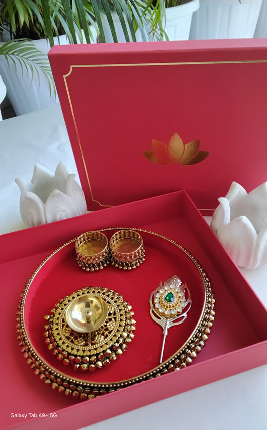 Premium Wedding/Housewarming Gift - Thali with Kumkum Bowls, Stick & Diya in Gift Box