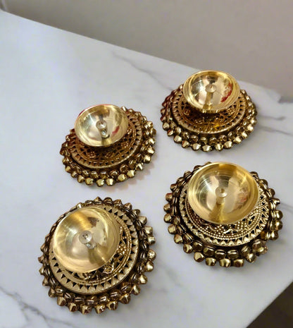 Brass Akhand Diya's with Ghungroo Base in MDF Gift Box & Ganesha Cutout