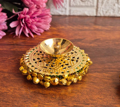 Brass Akhand Diya's with Ghungroo Base in MDF Gift Box & Ganesha Cutout