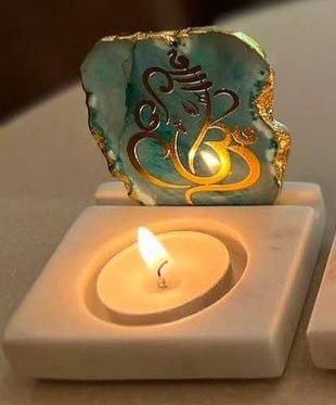 Ganesh Ji Agate with Marble T Light Holder - Ganpati Gift/ Ganesha Puja Gift