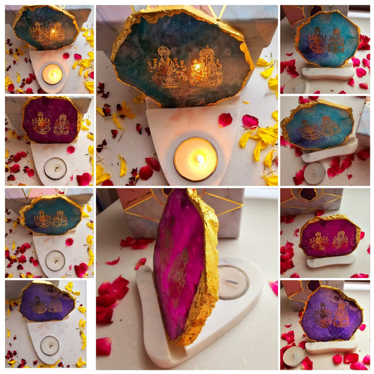 Ganesh & Laxmi Ji Agate with Marble T Light Holder - Ganpati Gift/ Ganesha Puja Gift/Diwali Gift