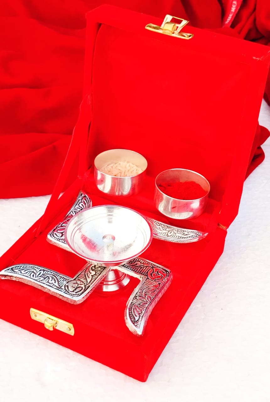 German Silver Combo of Swastik Diya with Two Haldi Kumkum Bowls in Velvet Box