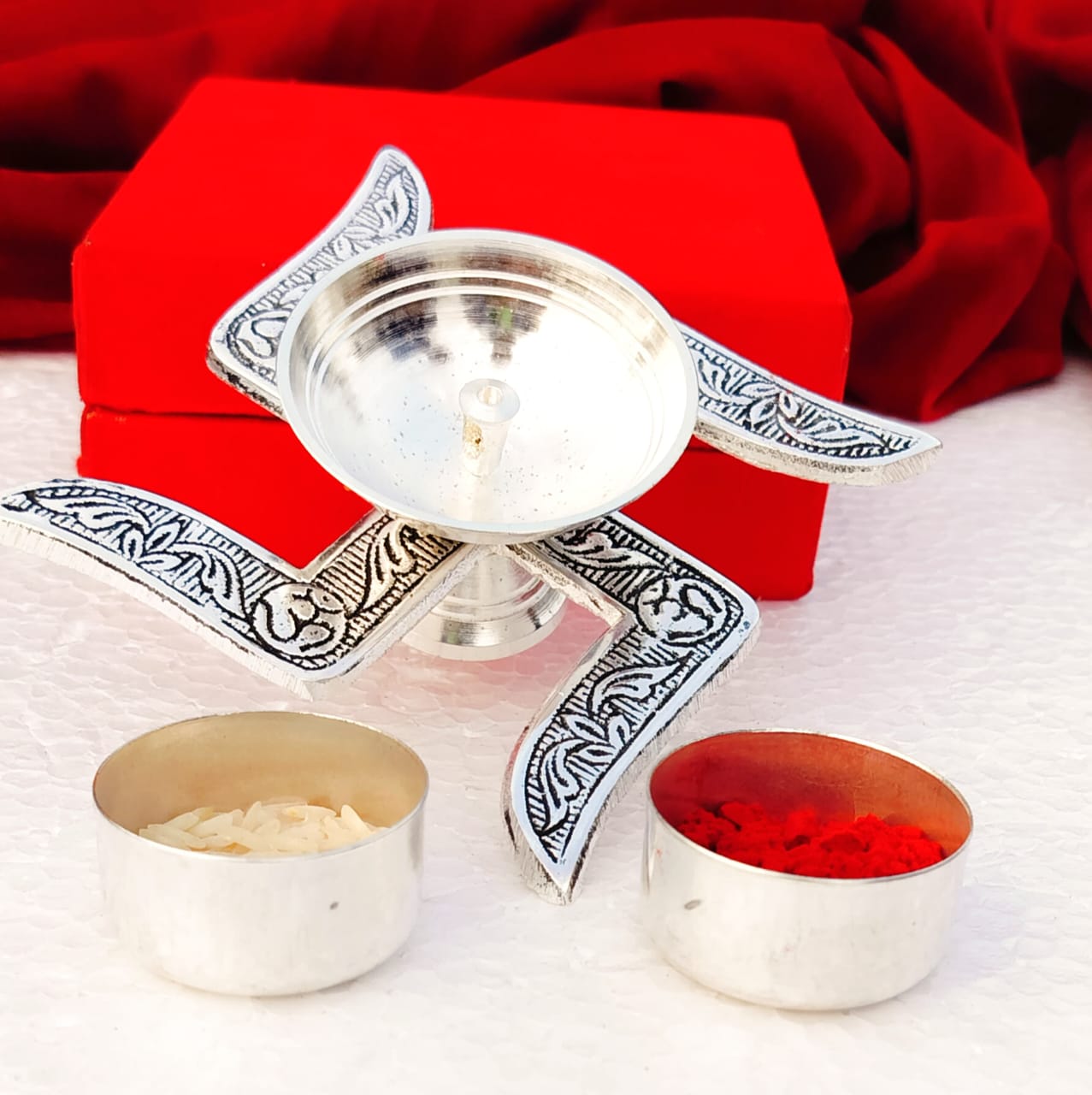 German Silver Combo of Swastik Diya with Two Haldi Kumkum Bowls in Velvet Box