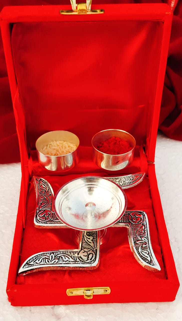 German Silver Combo of Swastik Diya with Two Haldi Kumkum Bowls in Velvet Box