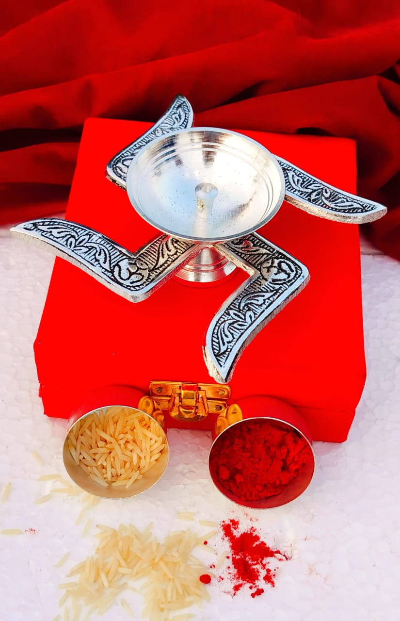 German Silver Combo of Swastik Diya with Two Haldi Kumkum Bowls in Velvet Box