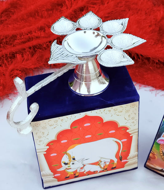 German Silver Panch Aarati Diya for Puja In Velvet Box