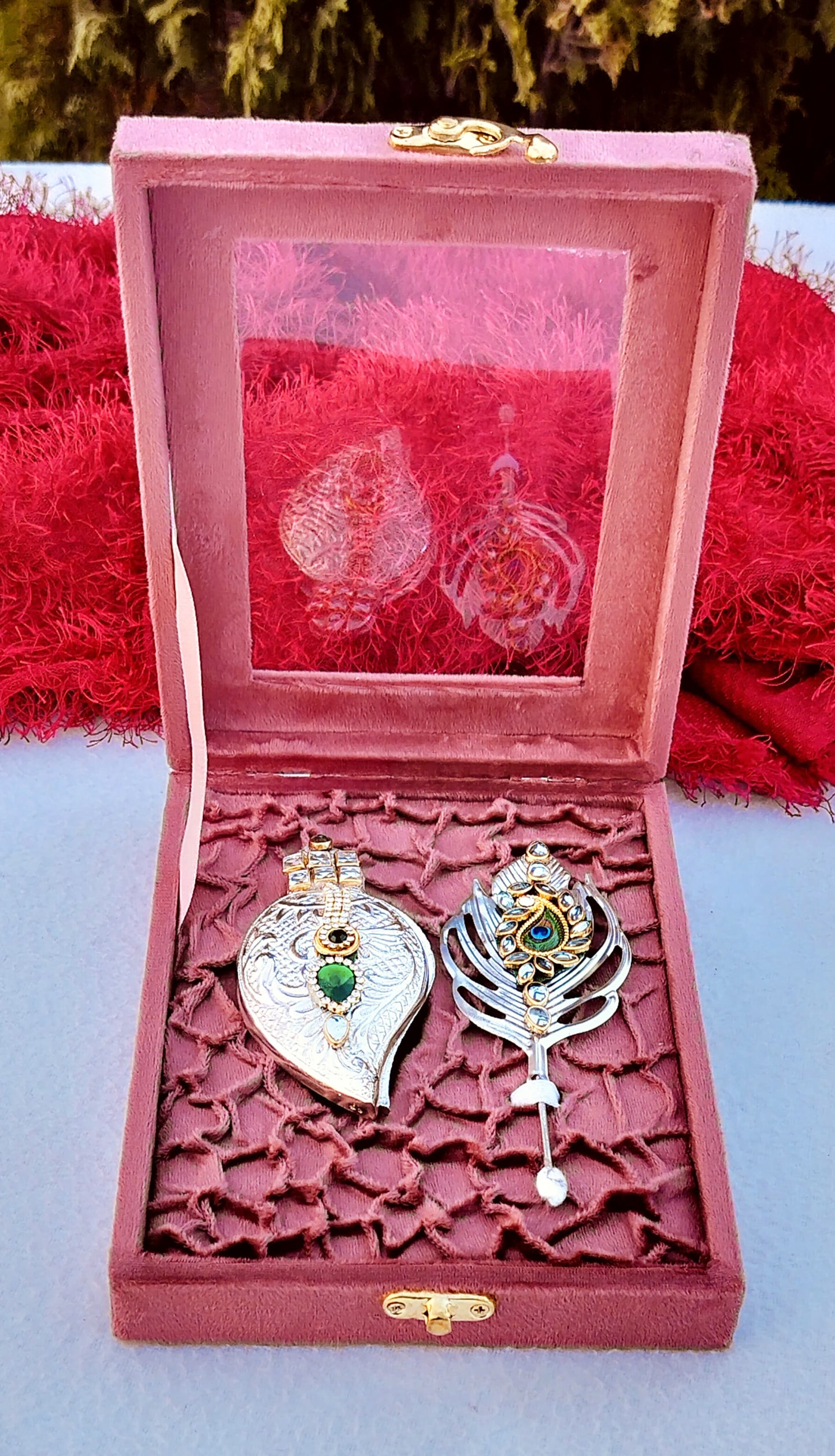 German Silver Combo of Koyari Haldi Kumkum Dani with Peacock Feather Stick In Velvet Box
