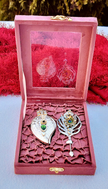 German Silver Combo of Koyari Haldi Kumkum Dani with Peacock Feather Stick In Velvet Box