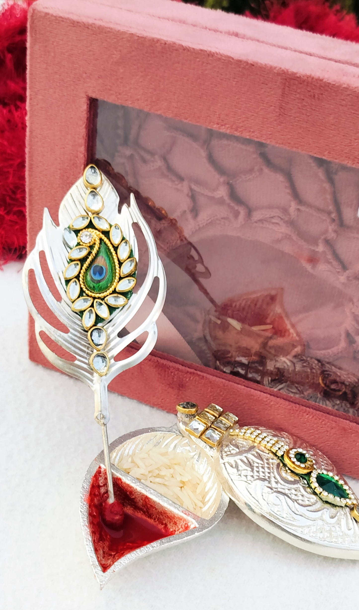 German Silver Combo of Koyari Haldi Kumkum Dani with Peacock Feather Stick In Velvet Box