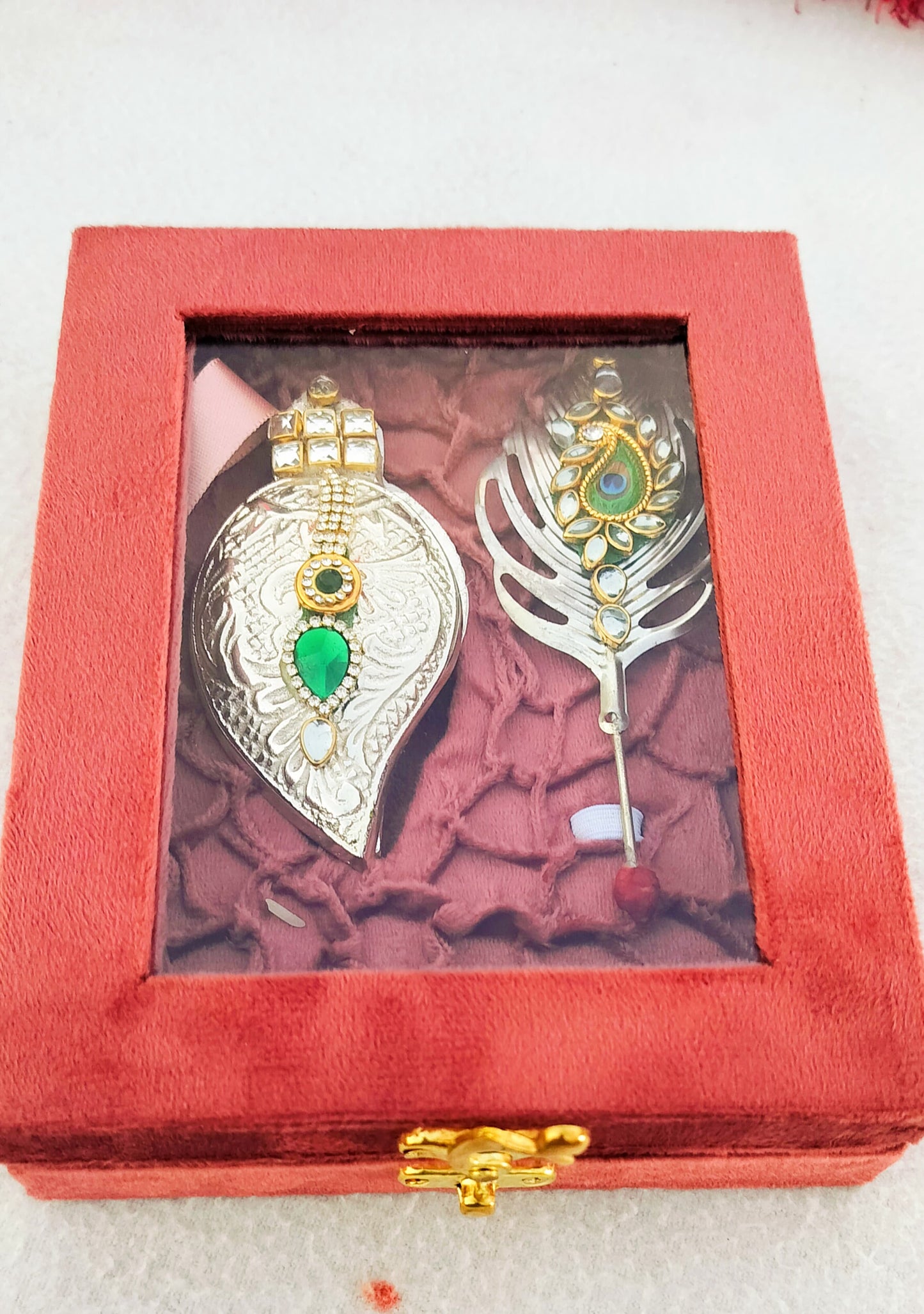 German Silver Combo of Koyari Haldi Kumkum Dani with Peacock Feather Stick In Velvet Box