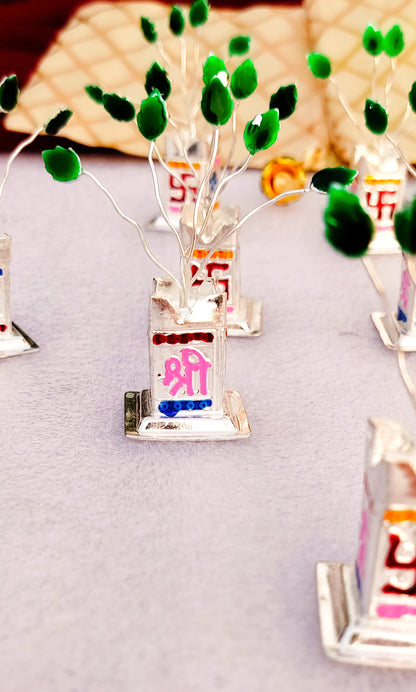 Single 2.5" Long German Silver Tulsi Vridavan with Potli Bag for Puja, Return Gift