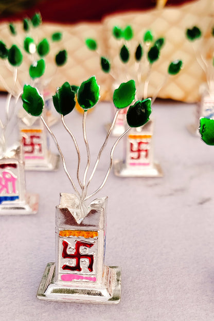 Set of 5 - 2.5" Long German Silver Tulsi Vridavan with Potli Bag for Puja, Return Gift