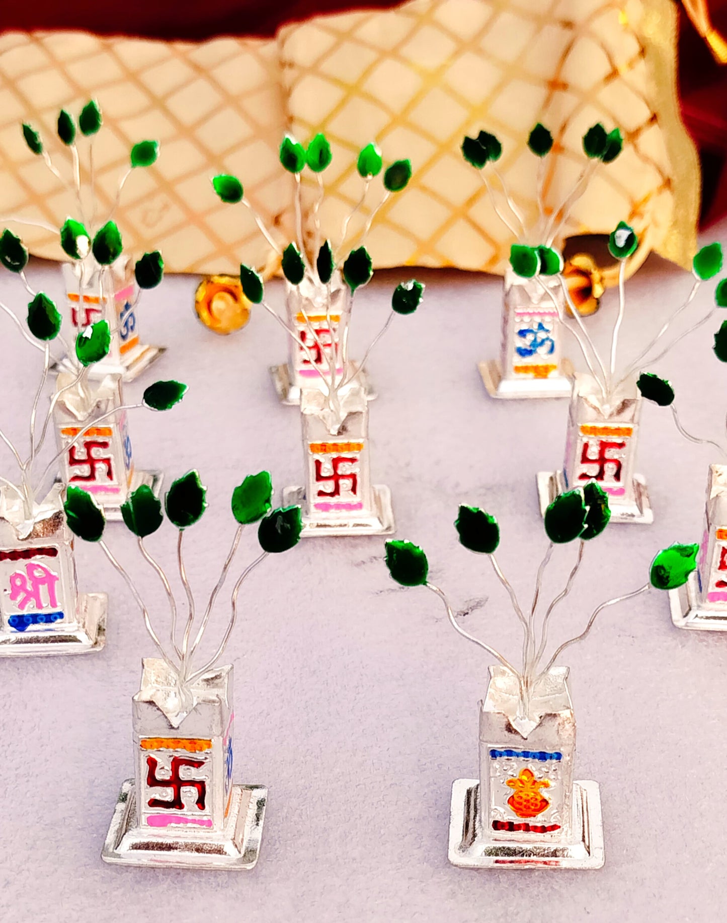 Set of 5 - 2.5" Long German Silver Tulsi Vridavan with Potli Bag for Puja, Return Gift