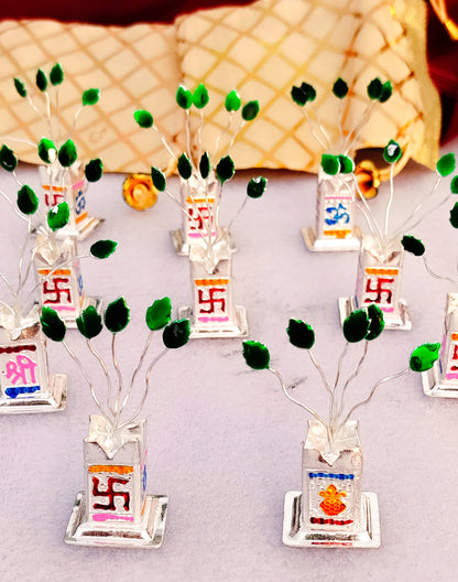 Set of 5 - 2.5" Long German Silver Tulsi Vridavan with Potli Bag for Puja, Return Gift