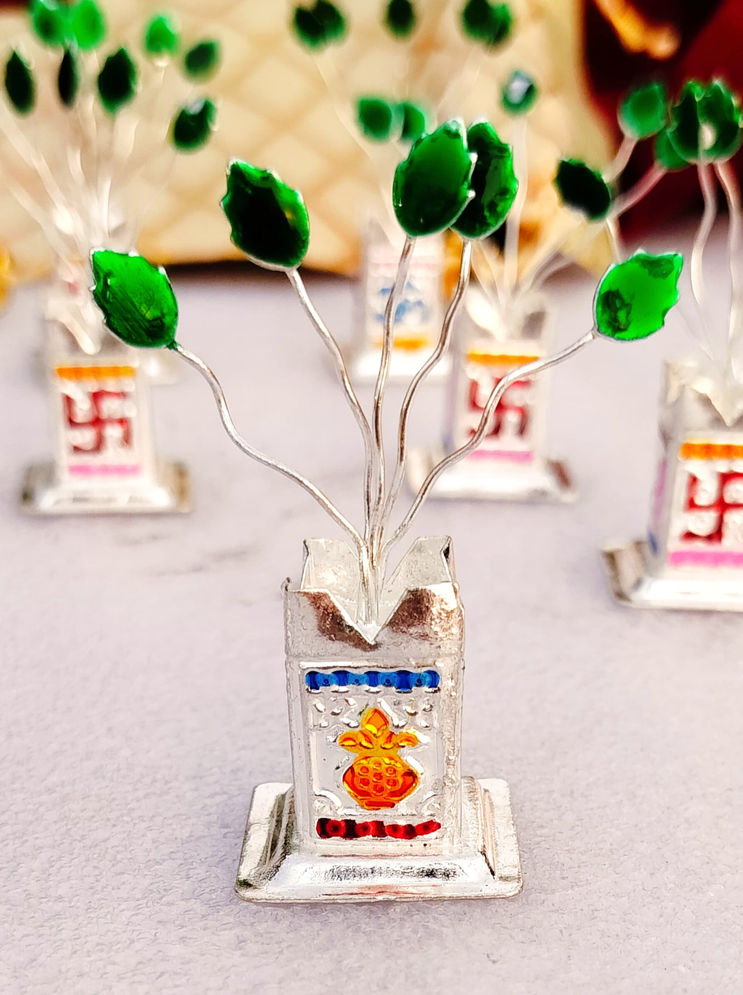 Set of 5 - 2.5" Long German Silver Tulsi Vridavan with Potli Bag for Puja, Return Gift