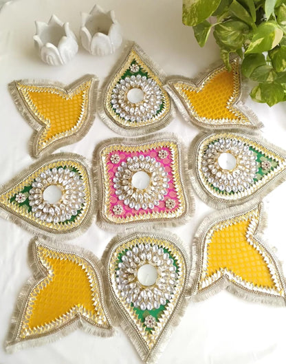 Readymade  9 Pieces Stone Studded Rangoli Set with Tealight Holder