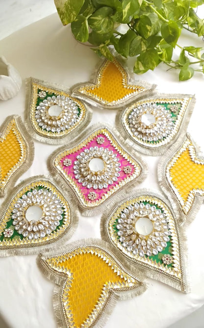 Readymade  9 Pieces Stone Studded Rangoli Set with Tealight Holder