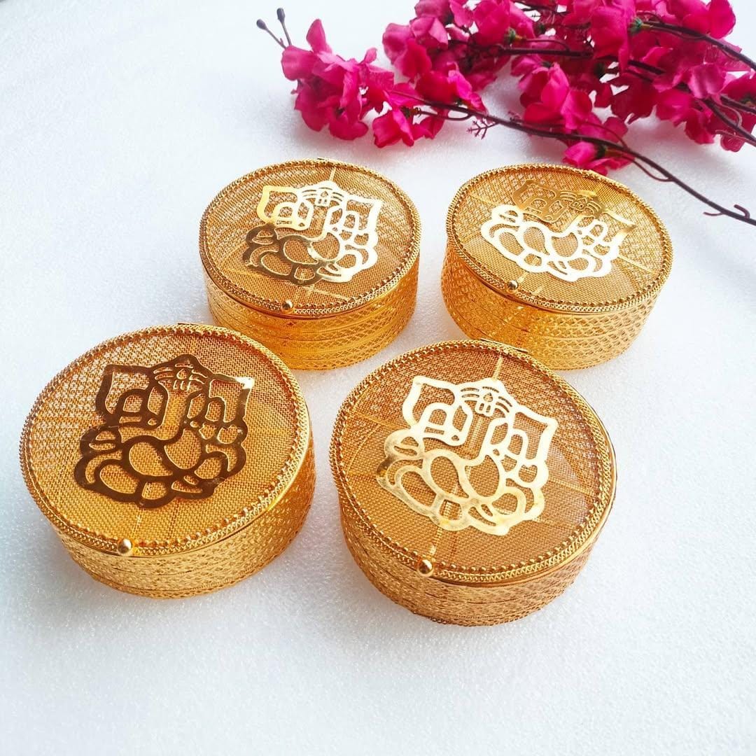 Round Golden Metal Ganesha Gift Boxes - Set of 2 - Perfect To Pack Small Gifts Like Diya, Jewelry