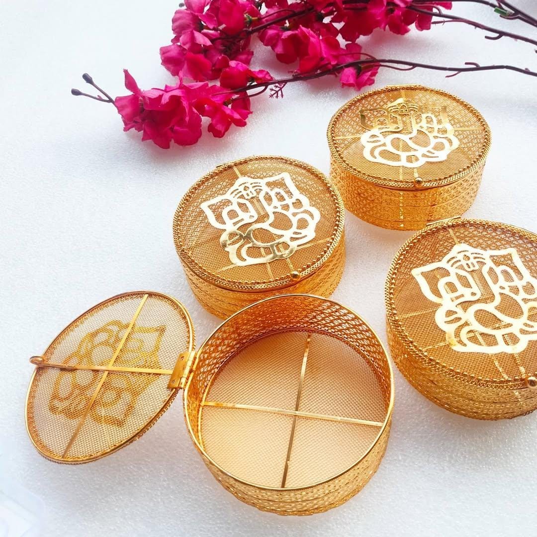 Round Golden Metal Ganesha Gift Boxes - Set of 2 - Perfect To Pack Small Gifts Like Diya, Jewelry