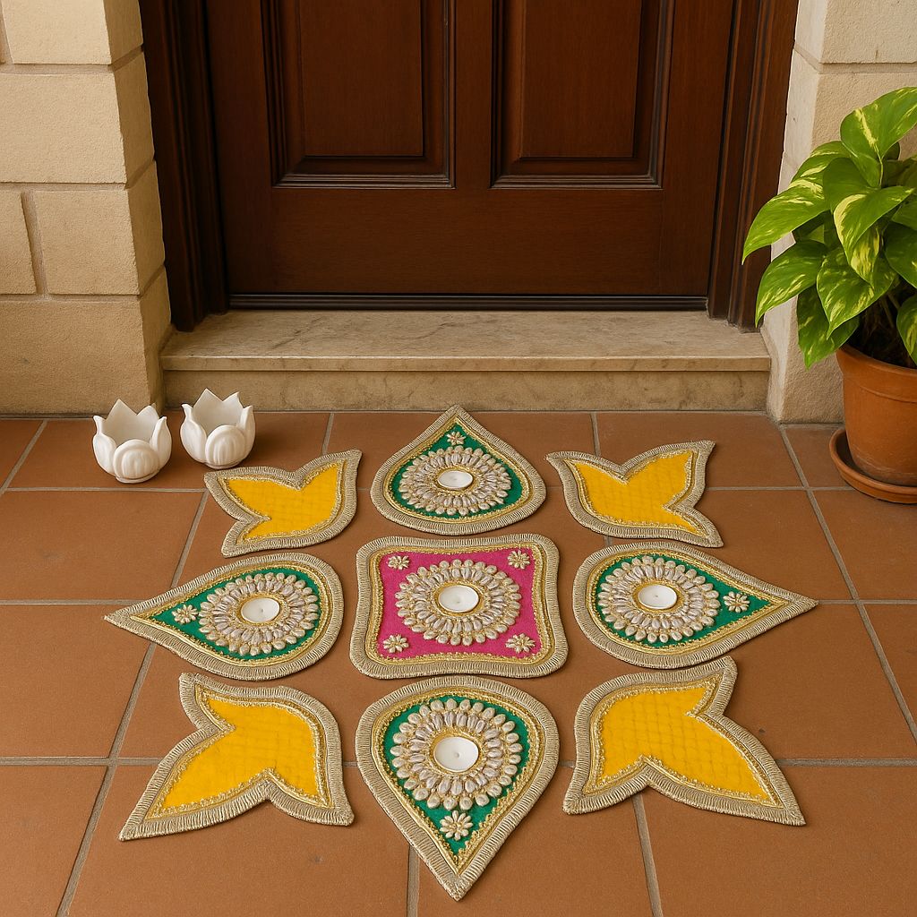 Readymade  9 Pieces Stone Studded Rangoli Set with Tealight Holder