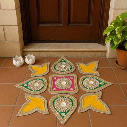 Readymade  9 Pieces Stone Studded Rangoli Set with Tealight Holder