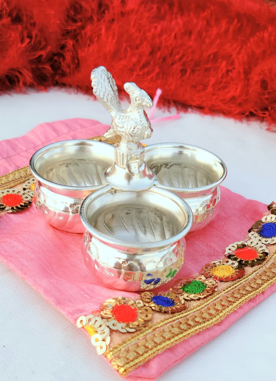 German Silver Peacock Design 3 Bowl Kumkum Holder