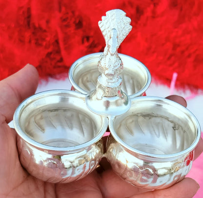 German Silver Peacock Design 3 Bowl Kumkum Holder