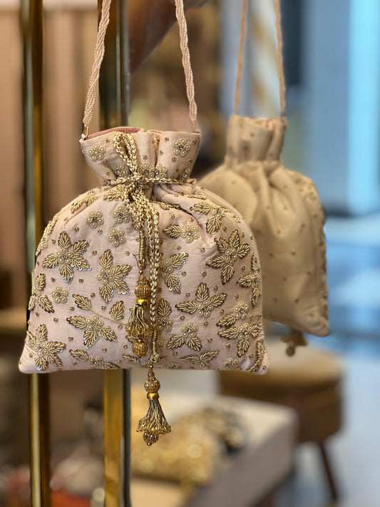 Zardosi Work Silk Potli Bag with Hand Embroidery & Designer Closing Thread