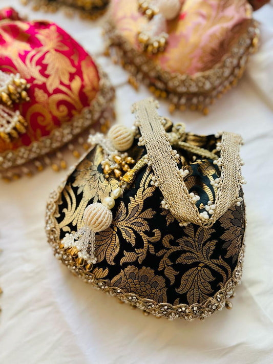 Brocade Potli Bag with Pearl Tassels & Designer Closing Thread