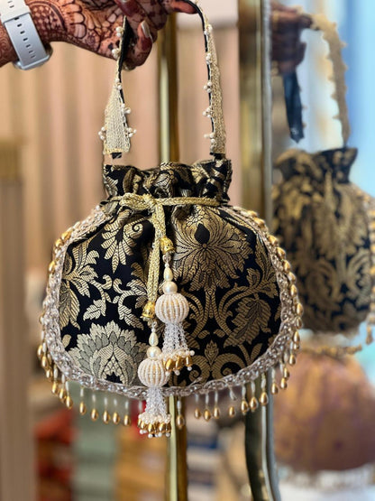 Brocade Potli Bag with Pearl Tassels & Designer Closing Thread