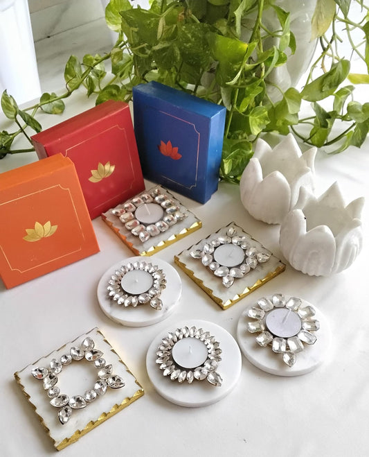 Kundan T Light Holder with Box Base Marble - Housewarming/Host Gift /Diwali Gift