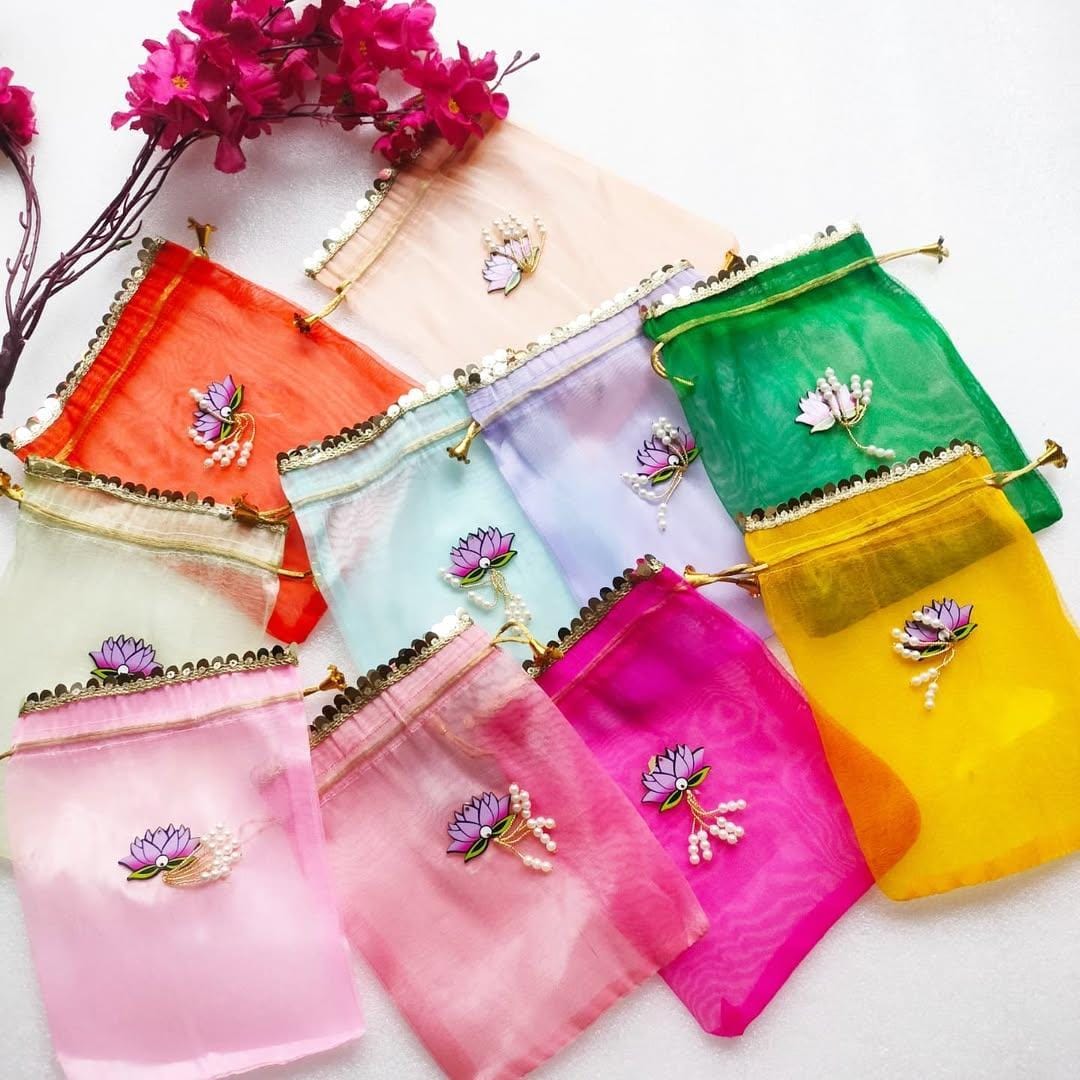 Tissue Potlis with Lotus Embellishment & Golden Gota to Pack Gifts in Style - 7x9 -Set of 6