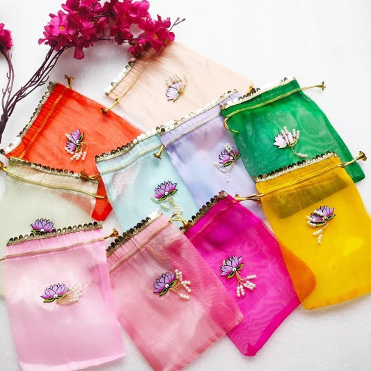 Tissue Potlis with Lotus Embellishment & Golden Gota to Pack Gifts in Style - 7x9 -Set of 6