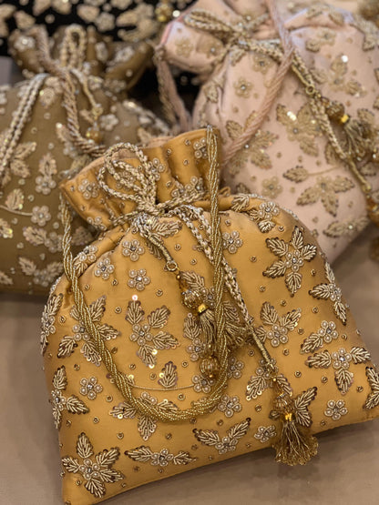 Zardosi Work Silk Potli Bag with Hand Embroidery & Designer Closing Thread