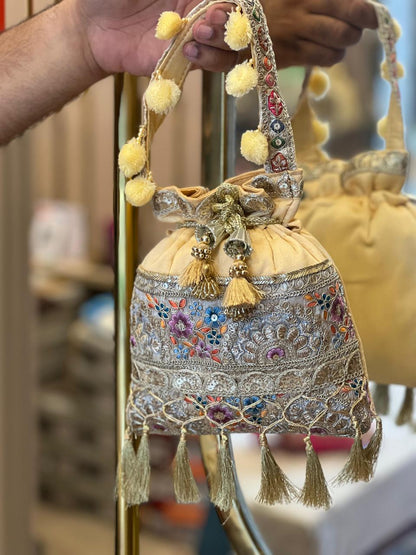 Silk Potli Bag with Hand Embroidery, Pom Pom & Tassels