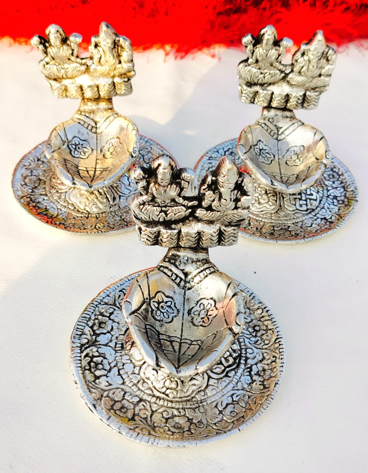 Antique Finish German Silver Laxmi Ganesh Diya