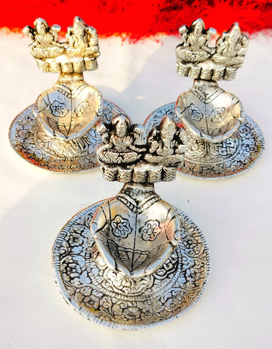 Antique Finish German Silver Laxmi Ganesh Diya