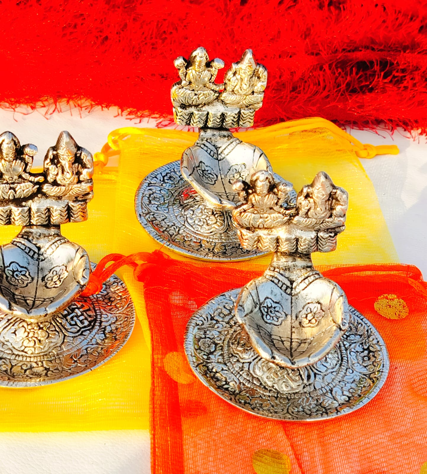 Antique Finish German Silver Laxmi Ganesh Diya