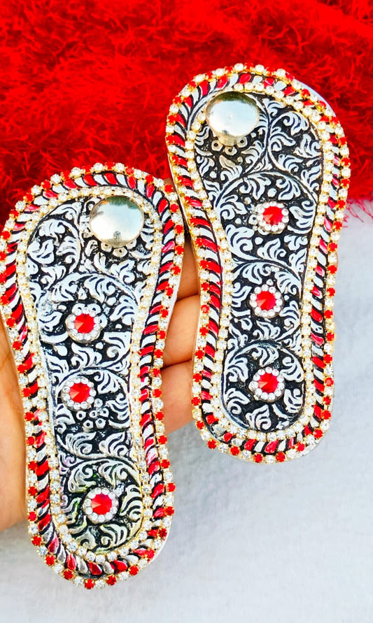 Antique Finish German Silver Laxmi Charan Paduka with Stone Work in Matching Potli
