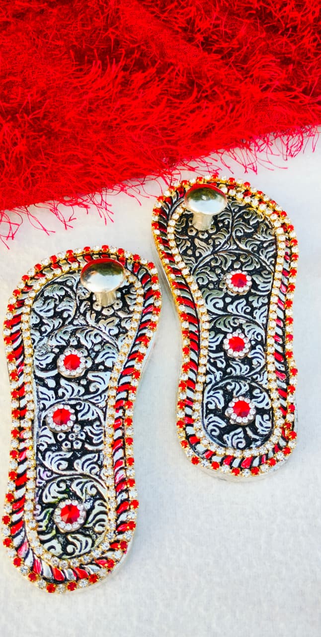 Antique Finish German Silver Laxmi Charan Paduka with Stone Work in Matching Potli