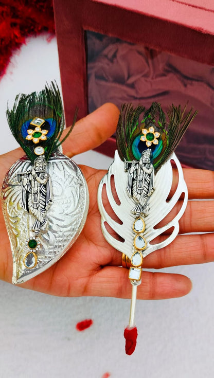 German Silver Flute Krishna Tilak Stick with Sliding Roli Chawal Chopra