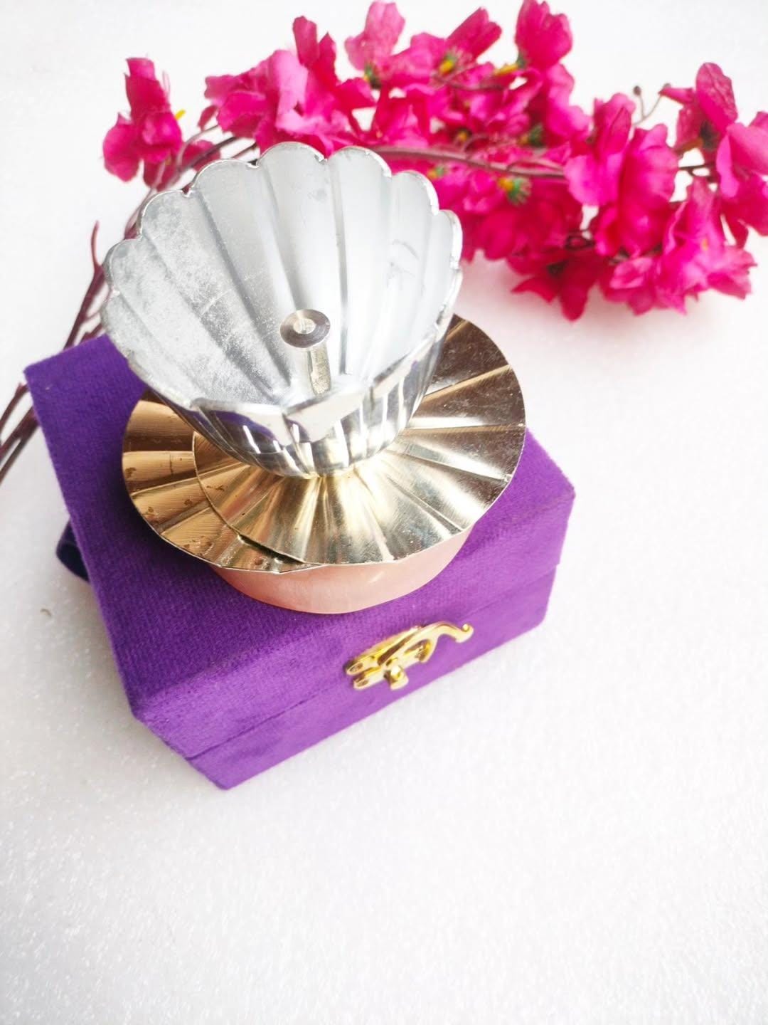 German Silver Lotus Diya with Resin Base in Gift Box