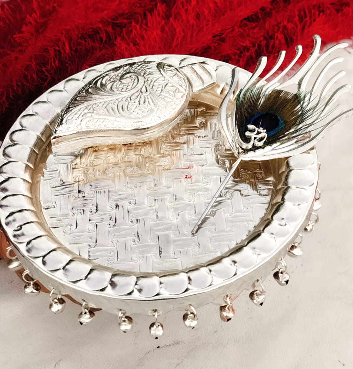 German Silver Ghungru Aarti Thali Set with Om Tika Stick