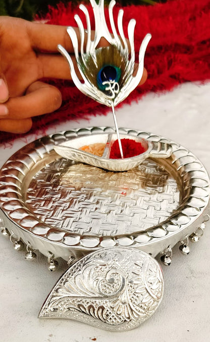 German Silver Ghungru Aarti Thali Set with Om Tika Stick