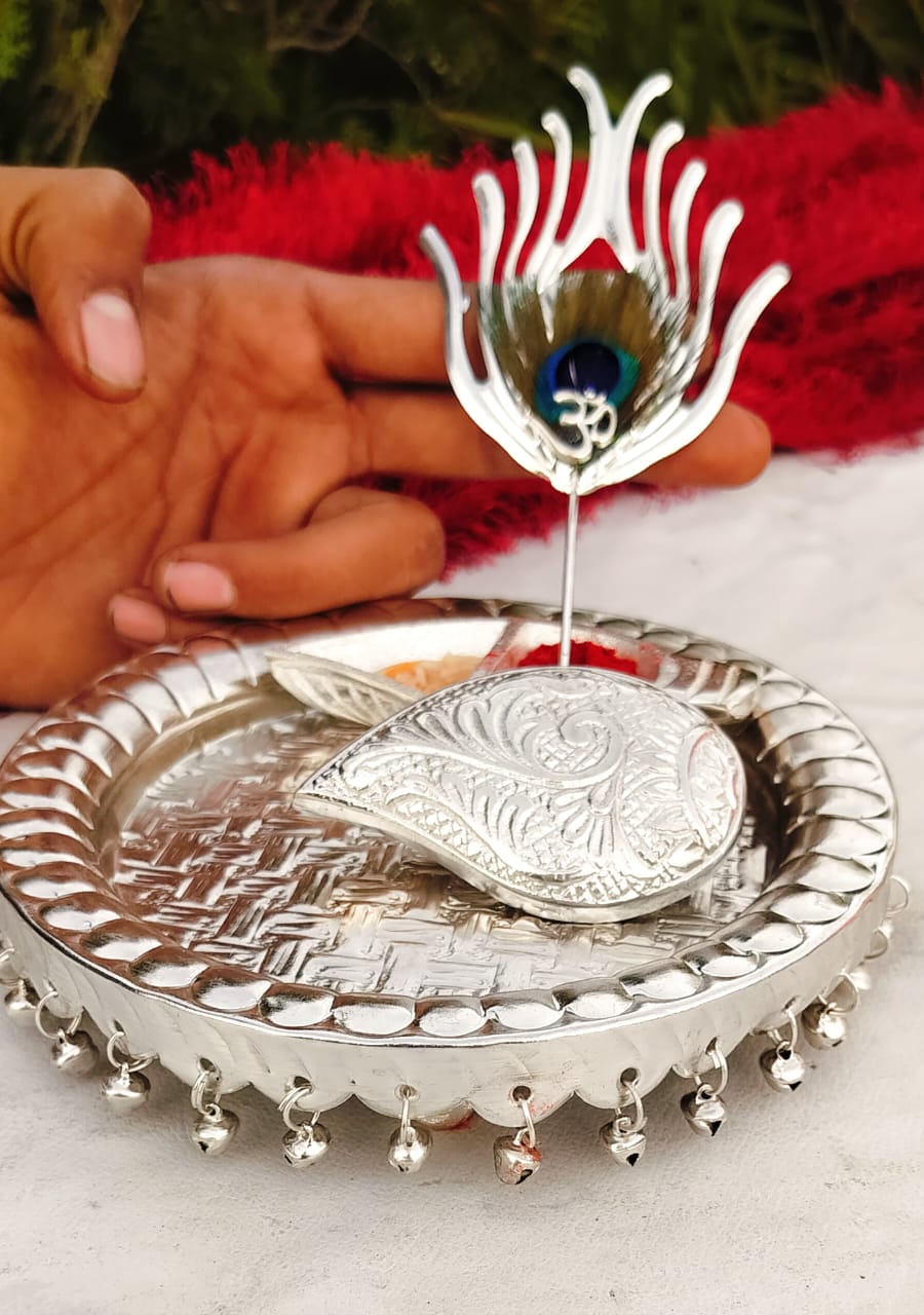 German Silver Ghungru Aarti Thali Set with Om Tika Stick