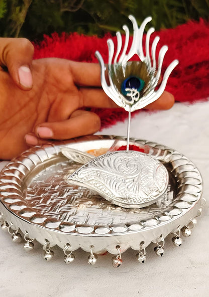 German Silver Ghungru Aarti Thali Set with Om Tika Stick