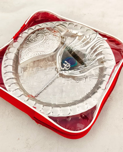 German Silver Ghungru Aarti Thali Set with Om Tika Stick