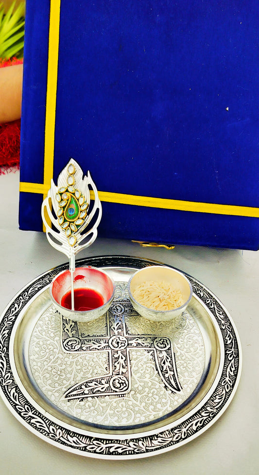 Antique Finish German Silver Tilak Thali set